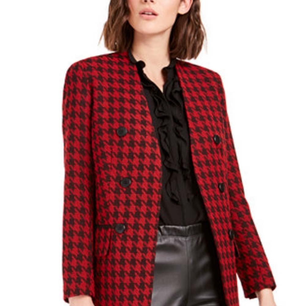 Bar III Red Black Houndstooth Double-Breasted Jacket 16W